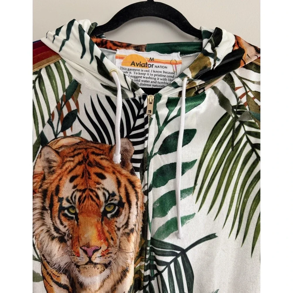 Aviator Nation Tiger Jungle Classic Full Zip Hoodie Velvet White Unisex Medium - Picture 3 of 14